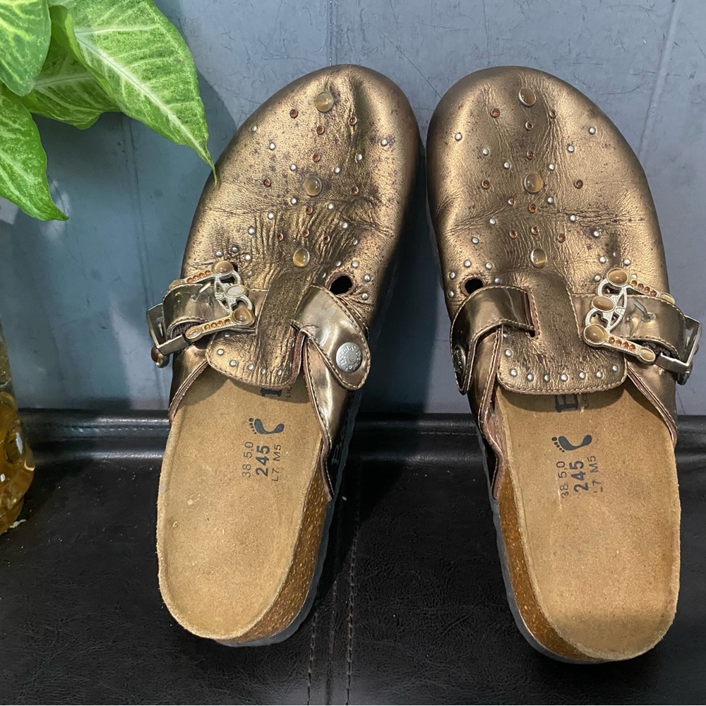 Pre-owned Birkenstock Boston by Birki’s Gold Slip-On Sandal 38/7 Women’s